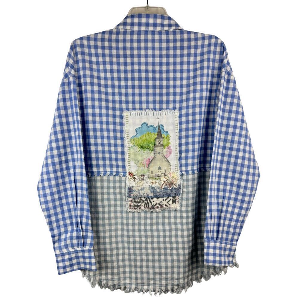 Entro Shirt Womens Large Light Blue Gray Gingham Frayed Raw Hem Visible Mending - Picture 2 of 9